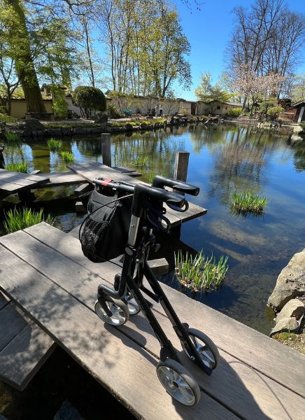 handicap rollator et chemin sinueux de jardins