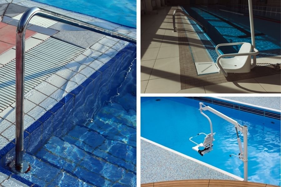 Accès piscine pour personne avec mobilité réduite, idéale pour personne avec déambulateur ou rollator.